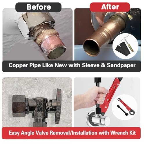 6 Pcs Plumbing Tools Kit with Angle Stop Wrench & 1/2-Inch Compression Sleeve Puller, Professional Plumbers Wrench, Sandpaper and Storage Bag for Frozen/Corroded Angle Stop