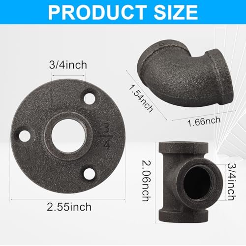 60 Pack 3/4 Inch Cast Iron Pipe Fittings (20 Elbows, 20 Tees, 20Flange), Industrial Pipe for Threaded Black Pipes and Fittings, DIY Steampunk Industrial Vintage Style.