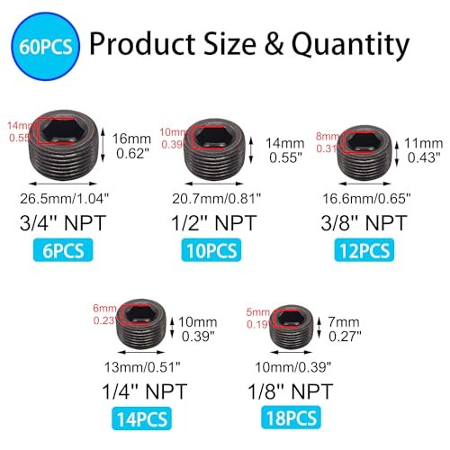 60PCS Black Carbon Steel Pipe Plug Fitting Assortment Kit - 5 Sizes 1/8" 1/4" 3/8" 1/2" 3/4" NPT Male Internal Hex Thread Socket for Sealing Port H-053