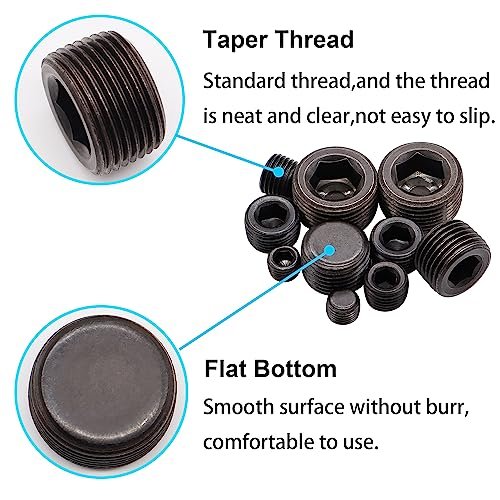 60PCS Black Carbon Steel Pipe Plug Fitting Assortment Kit - 5 Sizes 1/8" 1/4" 3/8" 1/2" 3/4" NPT Male Internal Hex Thread Socket for Sealing Port H-053