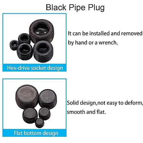 60PCS Black Carbon Steel Pipe Plug Fitting Assortment Kit - 5 Sizes 1/8" 1/4" 3/8" 1/2" 3/4" NPT Male Internal Hex Thread Socket for Sealing Port H-053