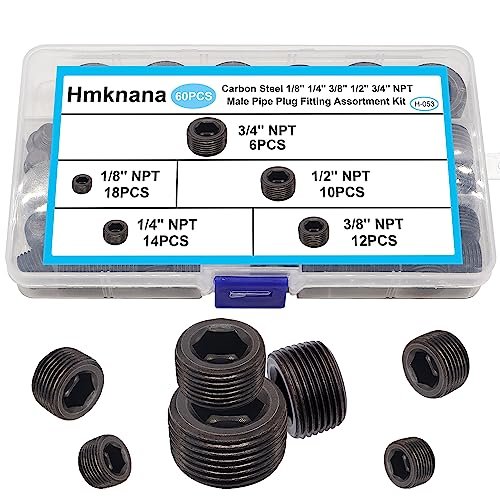 60PCS Black Carbon Steel Pipe Plug Fitting Assortment Kit - 5 Sizes 1/8" 1/4" 3/8" 1/2" 3/4" NPT Male Internal Hex Thread Socket for Sealing Port H-053