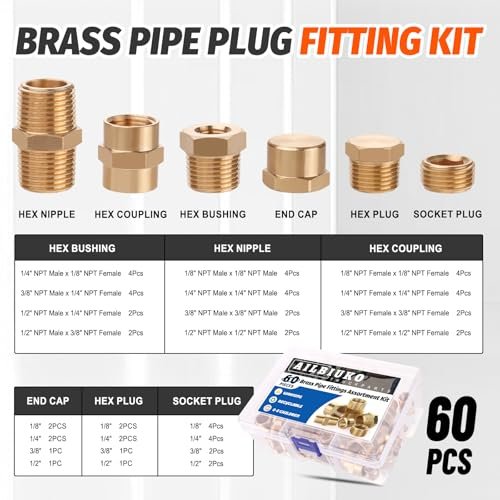 60pcs Brass Pipe Fittings Assortment Kit,Reducer Bushing,Hex Nipple,Reducing Hex Coupling,Hex Heand Plug,End Cap and Socket Plug Fitting Kit