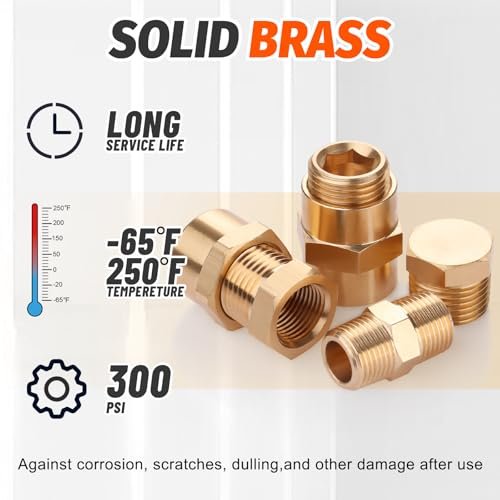 60pcs Brass Pipe Fittings Assortment Kit,Reducer Bushing,Hex Nipple,Reducing Hex Coupling,Hex Heand Plug,End Cap and Socket Plug Fitting Kit