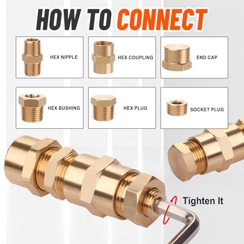 60pcs Brass Pipe Fittings Assortment Kit,Reducer Bushing,Hex Nipple,Reducing Hex Coupling,Hex Heand Plug,End Cap and Socket Plug Fitting Kit