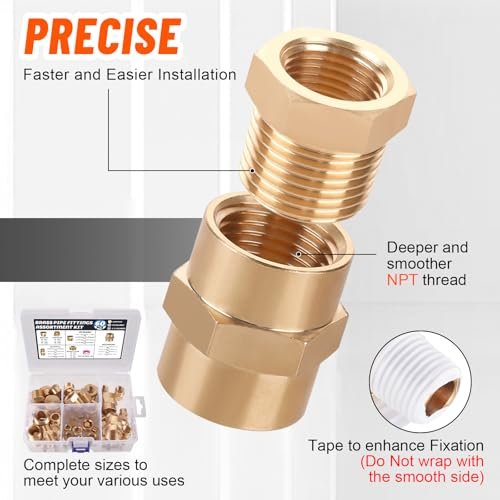 60pcs Brass Pipe Fittings Assortment Kit,Reducer Bushing,Hex Nipple,Reducing Hex Coupling,Hex Heand Plug,End Cap and Socket Plug Fitting Kit