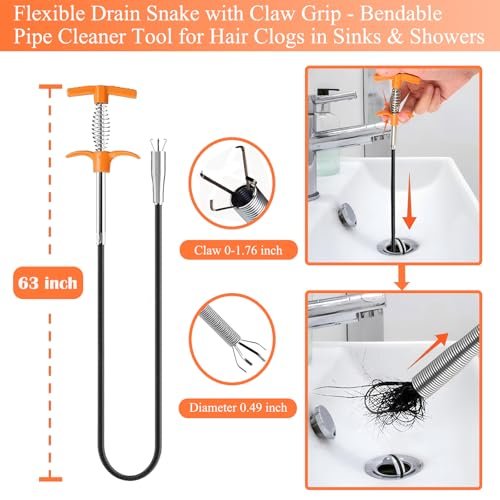 63 Inch Drain Snake Hair Drain Clog Remover Tool, Flexible Sink Snake Drain Cleaner Tool Set, Plumbing Snake for Toilet Sewer Shower Kitchen Bathroom Tub Clogged Hair Removal Cleaning Tool Set