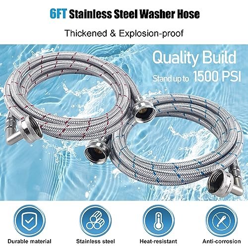 6FT Premium Stainless Steel Washer Hoses with 90 Degree Elbow No-lead Burst-Proof 3/4" NPT Connection Hot & Cold Water Inlet Supply Lines for Washer - 2 Pack by Fetechmate