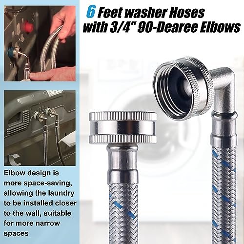 6FT Premium Stainless Steel Washer Hoses with 90 Degree Elbow No-lead Burst-Proof 3/4" NPT Connection Hot & Cold Water Inlet Supply Lines for Washer - 2 Pack by Fetechmate