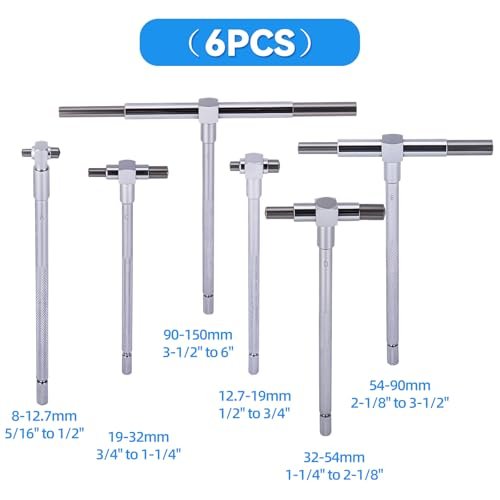 6Pcs T Bore Hole Gauges Set Bulk, 5/16" - 6" Range - Smooth Action Telescoping Gauge with Lock, High Precision Telescopic Bore Gauge T-Gage Set, Complete Measurement Kit Includes Pouch