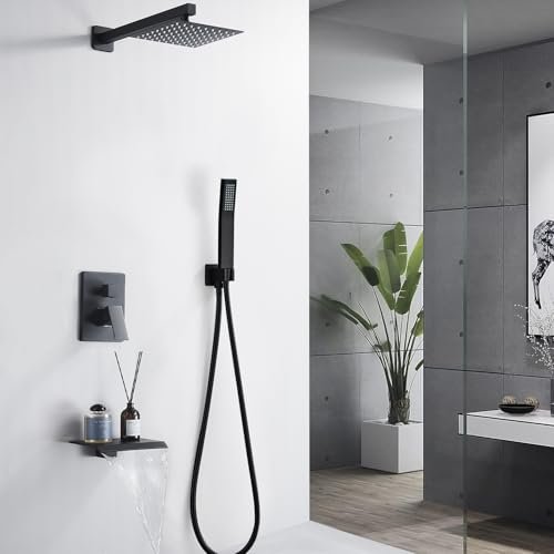 8 Inch Shower Faucet Set, Rainfall Shower System with High Pressure Handheld Shower Head, Bathroom Mixer Shower Set Wall Mounted Rough-in Valve and Trim Kit, with Tub Spout