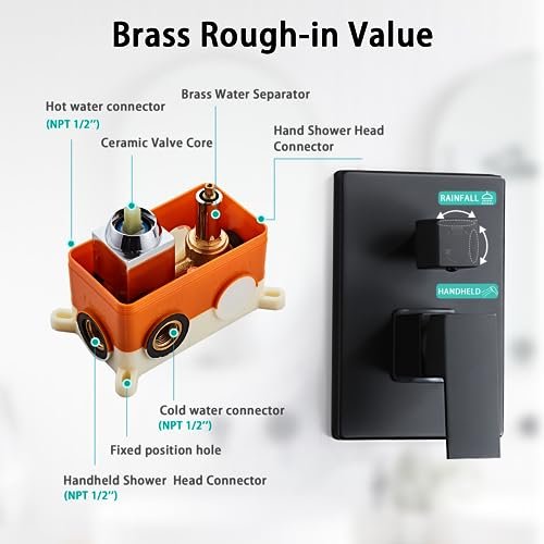8 Inch Shower Faucet Set, Rainfall Shower System with High Pressure Handheld Shower Head, Bathroom Mixer Shower Set Wall Mounted Rough-in Valve and Trim Kit, with Tub Spout