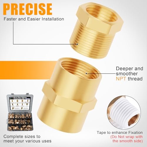 98PCS Brass Pipe Fittings Assortment Kit NPT Adapter,Reducer Bushing, Hex Nipple, Reducing Hex Coupling,Hex Head Plugs,90 Degree Street Elbow,Street Tee Fittings Kits