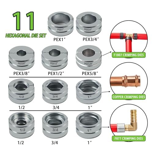 AMZCNC Pipe Press Tool with1/2,3/4,1" Dies for Copper Pipe and F877 Stainless PEX Press Sleeves,3/8",1/2",5/8",3/4",1" Dies for ASTM F1807 Pex Pipe Copper Ring Pipe Fittings Crimping Tool