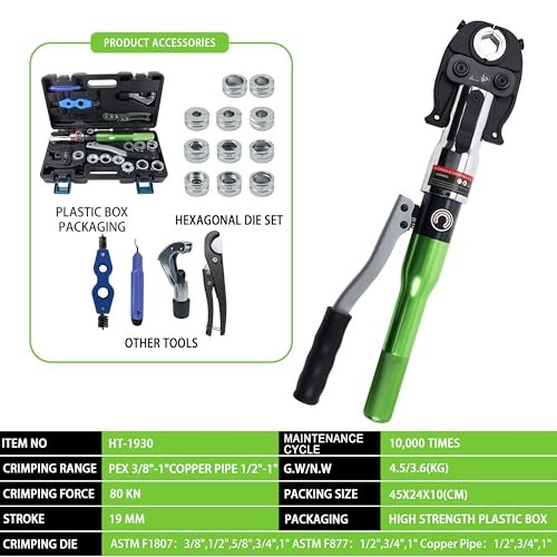 AMZCNC Pipe Press Tool with1/2,3/4,1" Dies for Copper Pipe and F877 Stainless PEX Press Sleeves,3/8",1/2",5/8",3/4",1" Dies for ASTM F1807 Pex Pipe Copper Ring Pipe Fittings Crimping Tool