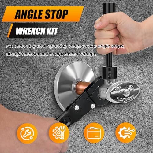 Angle Stop Wrench Kit, Professional Plumber's Wrench Tool Removal for Replacing Compression Angle Stops, Simplifies Installation and Removal of Compression Rings（Black）