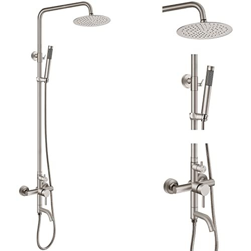 Aolemi Outdoor Shower Fixture SUS304 Triple Function Brushed Nickel Wall Mounted Stainless Steel Shower Faucet System Set with Hand Spray,8" Rain Shower Head