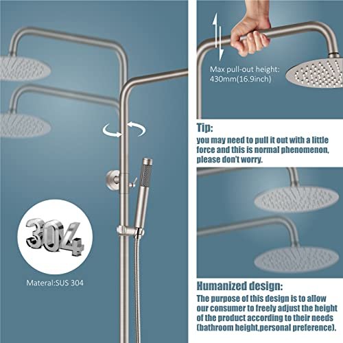 Aolemi Outdoor Shower Fixture SUS304 Triple Function Brushed Nickel Wall Mounted Stainless Steel Shower Faucet System Set with Hand Spray,8" Rain Shower Head