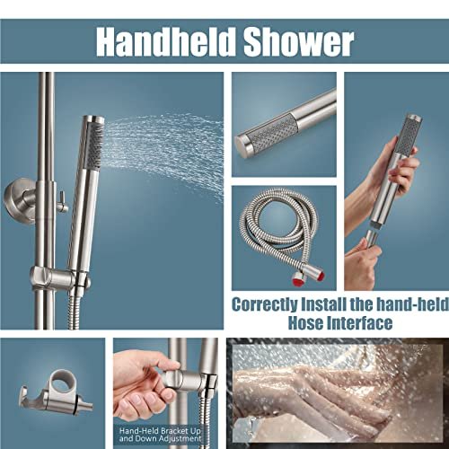 Aolemi Outdoor Shower Fixture SUS304 Triple Function Brushed Nickel Wall Mounted Stainless Steel Shower Faucet System Set with Hand Spray,8" Rain Shower Head