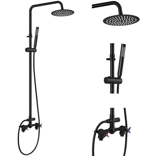 Aolemi Outdoor Shower Kit Outdoor Shower Fixtures Faucet System 2 Handle with 8 Inch Rainfall Shower Head and Handheld Sprayer Exposed Shower with Adjustable Height Shower Pipe Matte Black