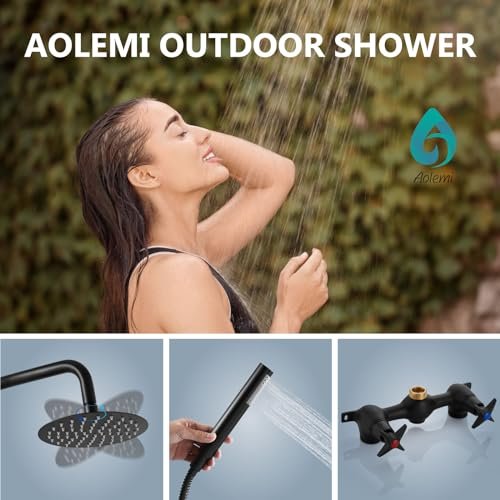 Aolemi Outdoor Shower Kit Outdoor Shower Fixtures Faucet System 2 Handle with 8 Inch Rainfall Shower Head and Handheld Sprayer Exposed Shower with Adjustable Height Shower Pipe Matte Black