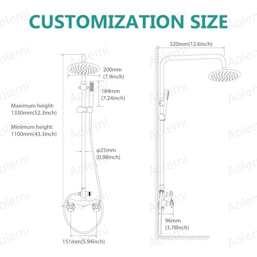 Aolemi Outdoor Shower Kit Outdoor Shower Fixtures Faucet System 2 Handle with 8 Inch Rainfall Shower Head and Handheld Sprayer Exposed Shower with Adjustable Height Shower Pipe Matte Black