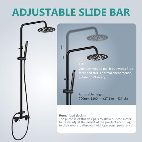 Aolemi Outdoor Shower Kit Outdoor Shower Fixtures Faucet System 2 Handle with 8 Inch Rainfall Shower Head and Handheld Sprayer Exposed Shower with Adjustable Height Shower Pipe Matte Black