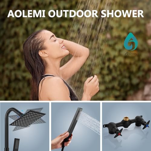 Aolemi Wall Mount Outdoor Shower Kit,Outdoor Shower Fixtures Faucet System with Handheld Spray,Double Handle 6 Inch Center Exposed Shower,with 6" Shower Head Matte Black