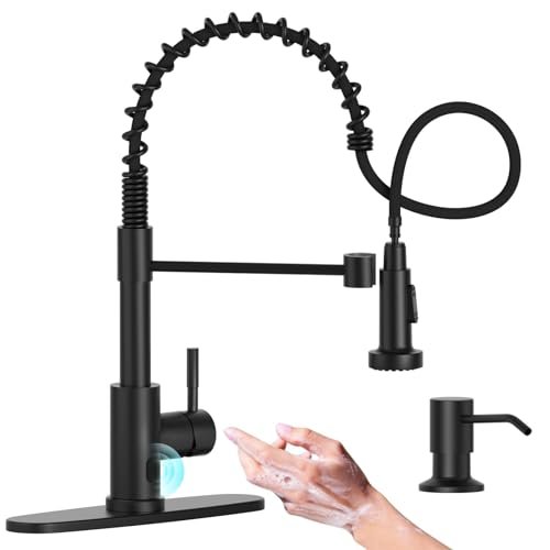 APPASO Black Touchless Kitchen Faucet with Soap Dispenser, Motion Sensor Activated Hands-Free Automatic Faucet for Sink with Pull Down Sprayer, Single Handle Smart Faucets for Kitchen Sink