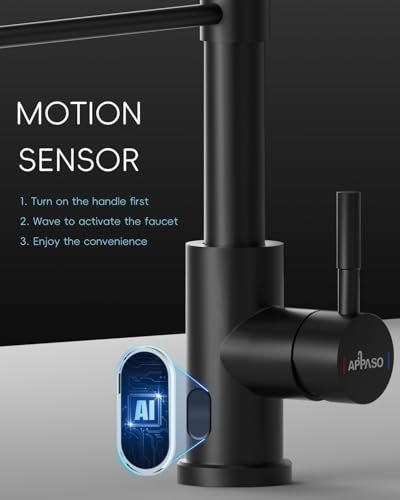 APPASO Black Touchless Kitchen Faucet with Soap Dispenser, Motion Sensor Activated Hands-Free Automatic Faucet for Sink with Pull Down Sprayer, Single Handle Smart Faucets for Kitchen Sink