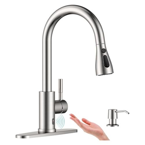 APPASO Touchless Kitchen Faucet with Pull-Down Sprayer, Kitchen Sink Faucet Touchless Brushed Nickel, Single Handle Hands-Free Motion Sensor Faucets Suitable for 1 or 4-Hole Sink, Stainless Steel