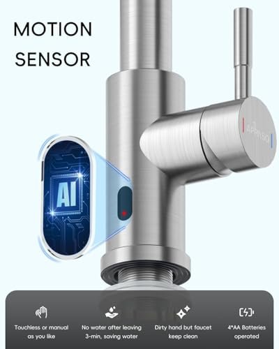 APPASO Touchless Kitchen Faucet with Pull-Down Sprayer, Kitchen Sink Faucet Touchless Brushed Nickel, Single Handle Hands-Free Motion Sensor Faucets Suitable for 1 or 4-Hole Sink, Stainless Steel