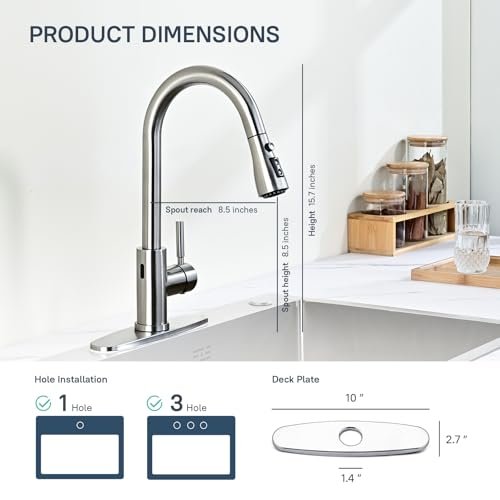 Arofa Touchless Kitchen Faucet with Pull Down Sprayer, Single Handle Smart Motion Sensor Kitchen Sink Faucet, Stainless Steel Faucet for Kitchen Sink, Brushed Nickel