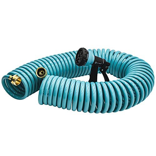 AUTOMAN Recoil Garden Water Hose 50 ft, EVA Curly Water Hose with Brass Connectors,Garden Hose Coil,Includes 7-Pattern Function Sprayer,Retractable,Corrosion Resistant Garden Coil Hose.