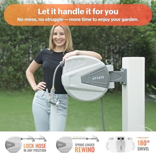 Ayleid Retractable Garden Hose Reel,1/2 in x 100 ft Wall Mounted Hose Reel, with 9- Function Sprayer Nozzle, Any Length Lock/Slow Return System/Wall Mounted/180°Swivel Bracket (Grey)