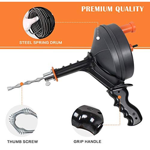 BACOENG 25Ft Drain Auger, Heavy Duty Plumbing Snake with Drill Adapter, Use Manually or Powered for Drain Clog, Shower Sink, Comes with Gloves and Bag (Orange)