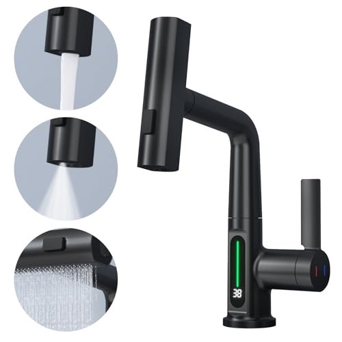 BARROCK Waterfall Bathroom Faucets with Sprayer, Modern Pull Down/Out Bathroom Sink Faucet with Celsius Digital Temperature Display, Height Adjustable Basin Mixer Tap No Battery Needed, Matte Black