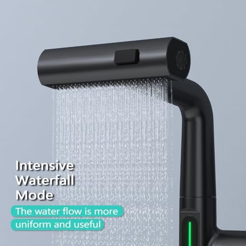 BARROCK Waterfall Bathroom Faucets with Sprayer, Modern Pull Down/Out Bathroom Sink Faucet with Celsius Digital Temperature Display, Height Adjustable Basin Mixer Tap No Battery Needed, Matte Black