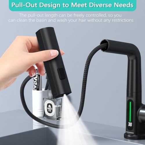 BARROCK Waterfall Bathroom Faucets with Sprayer, Modern Pull Down/Out Bathroom Sink Faucet with Celsius Digital Temperature Display, Height Adjustable Basin Mixer Tap No Battery Needed, Matte Black