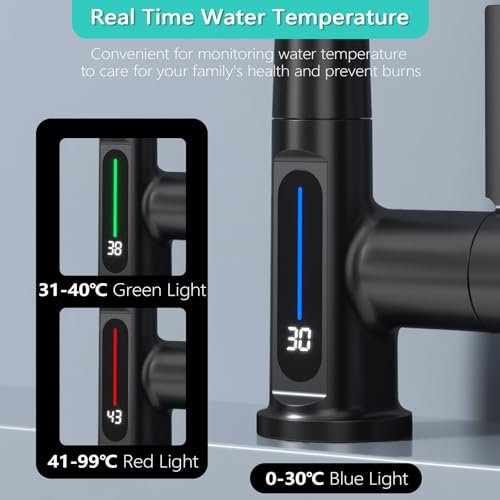 BARROCK Waterfall Bathroom Faucets with Sprayer, Modern Pull Down/Out Bathroom Sink Faucet with Celsius Digital Temperature Display, Height Adjustable Basin Mixer Tap No Battery Needed, Matte Black