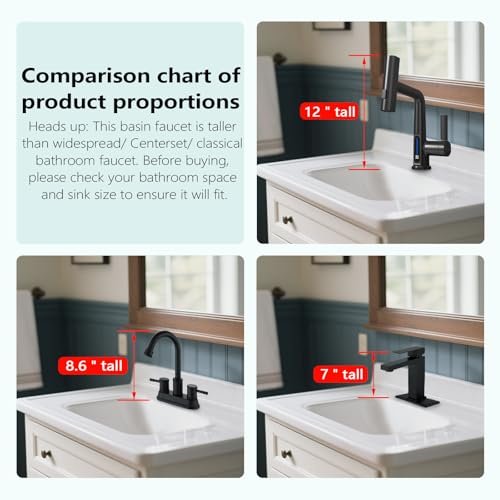 BARROCK Waterfall Bathroom Faucets with Sprayer, Modern Pull Down/Out Bathroom Sink Faucet with Celsius Digital Temperature Display, Height Adjustable Basin Mixer Tap No Battery Needed, Matte Black