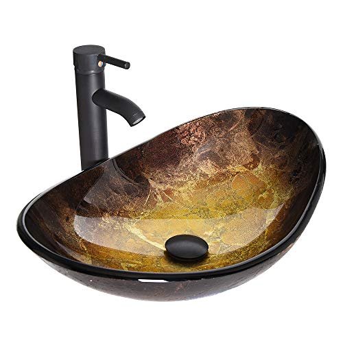 Bathroom Boat Shape Artistic Glass Vessel Sink Free Oil Rubbed Bronze Faucet and Pop-up Drain Set, Gold