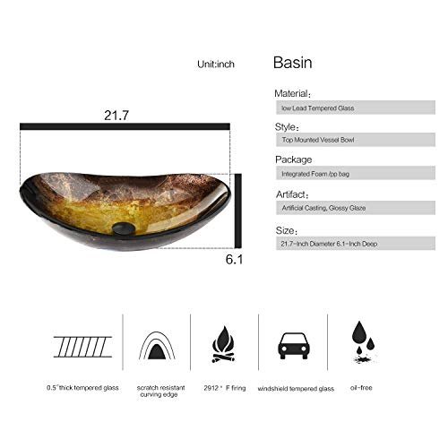 Bathroom Boat Shape Artistic Glass Vessel Sink Free Oil Rubbed Bronze Faucet and Pop-up Drain Set, Gold
