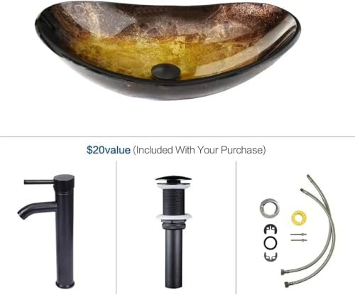 Bathroom Boat Shape Artistic Glass Vessel Sink Free Oil Rubbed Bronze Faucet and Pop-up Drain Set, Gold