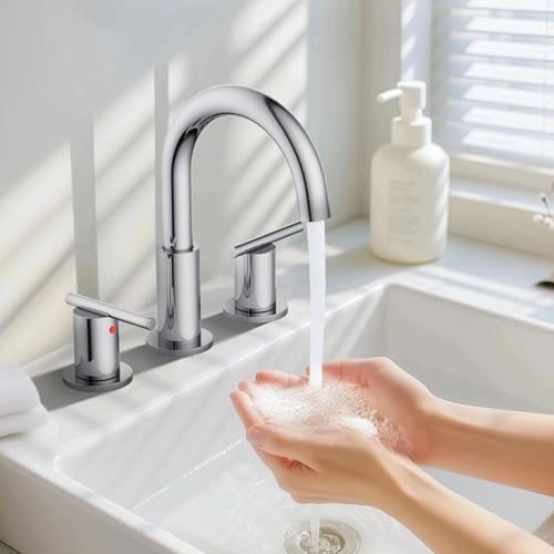 Bathroom Faucets for 3 Hole Sinks, Hurran 8 Inch Chrome Double Handle Bathroom Sink Faucet Comes with a 360 Degree Rotating Spout and a Pop-Up Drain That is Suitable for Vanity RV Outdoor Sink