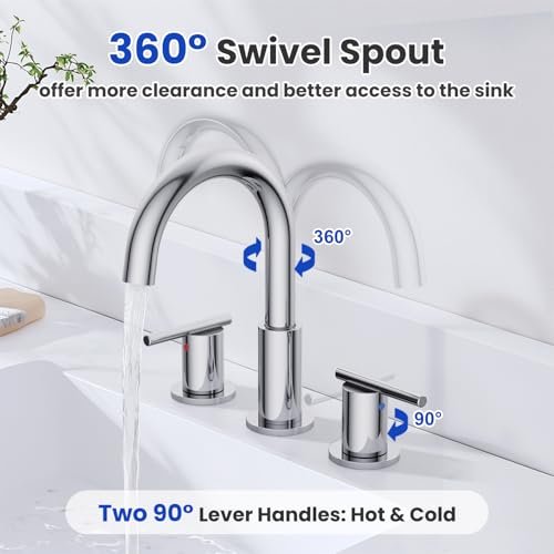 Bathroom Faucets for 3 Hole Sinks, Hurran 8 Inch Chrome Double Handle Bathroom Sink Faucet Comes with a 360 Degree Rotating Spout and a Pop-Up Drain That is Suitable for Vanity RV Outdoor Sink