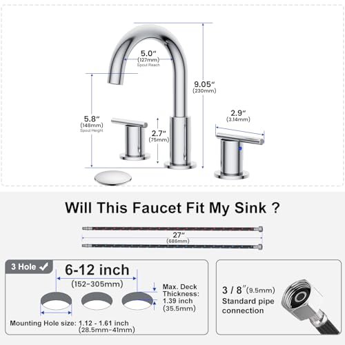 Bathroom Faucets for 3 Hole Sinks, Hurran 8 Inch Chrome Double Handle Bathroom Sink Faucet Comes with a 360 Degree Rotating Spout and a Pop-Up Drain That is Suitable for Vanity RV Outdoor Sink