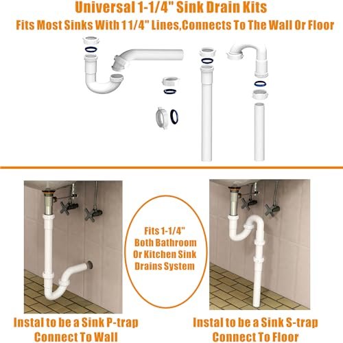 Bathroom Sink Drain Kit,for Most 1-1/4” Bathroom & Kitchen Sink Drain Repair,1-1/4” P Trap or S Trap Sink Plumbing Kit,Sink Pipe Replacement Parts