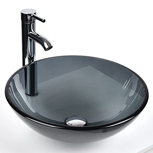 Bathroom Vessel Sink, Tempered Glass Vanity Round Bowl with Chrome Faucet and Pop up drain Set, Bluish Grey