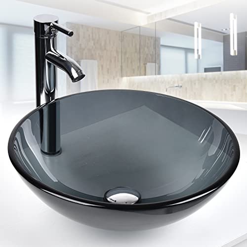 Bathroom Vessel Sink, Tempered Glass Vanity Round Bowl with Chrome Faucet and Pop up drain Set, Bluish Grey